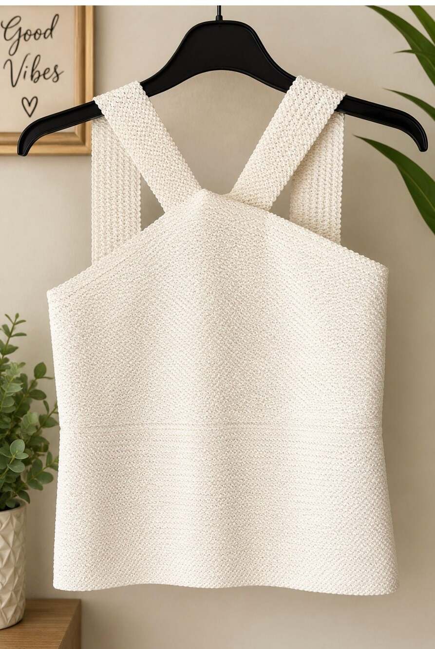 7th Avenue New York & Company White Textured Knit Crisscross Halter Tank Top Siz